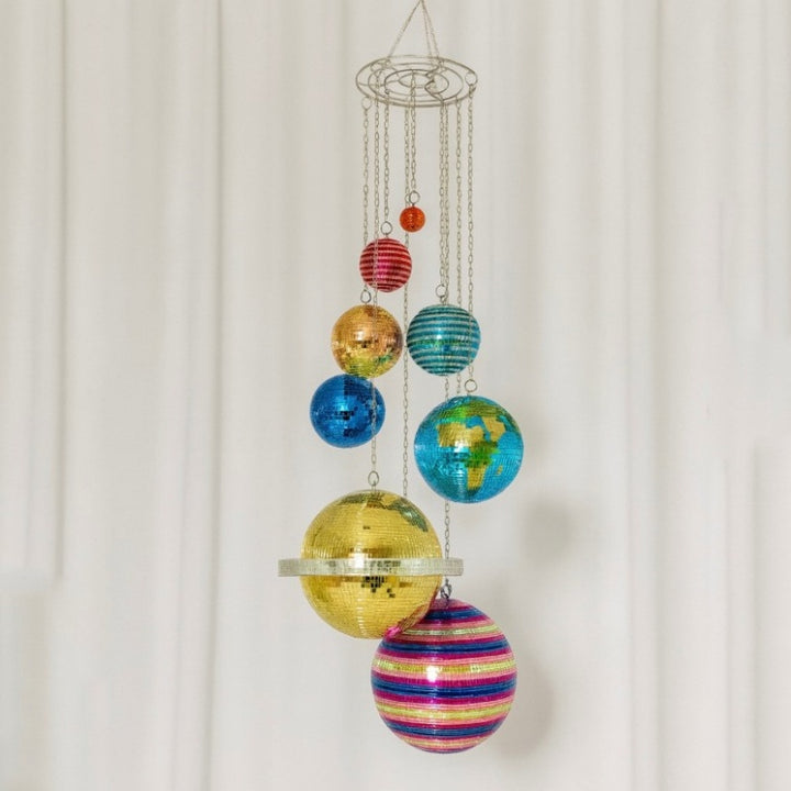 Celestial Mirror Ball Hanging Wind Chime – Planetary Home &amp; Garden Hanging Decor