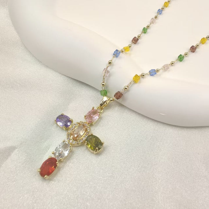 Multicolor Rosary Bead Cross Necklace