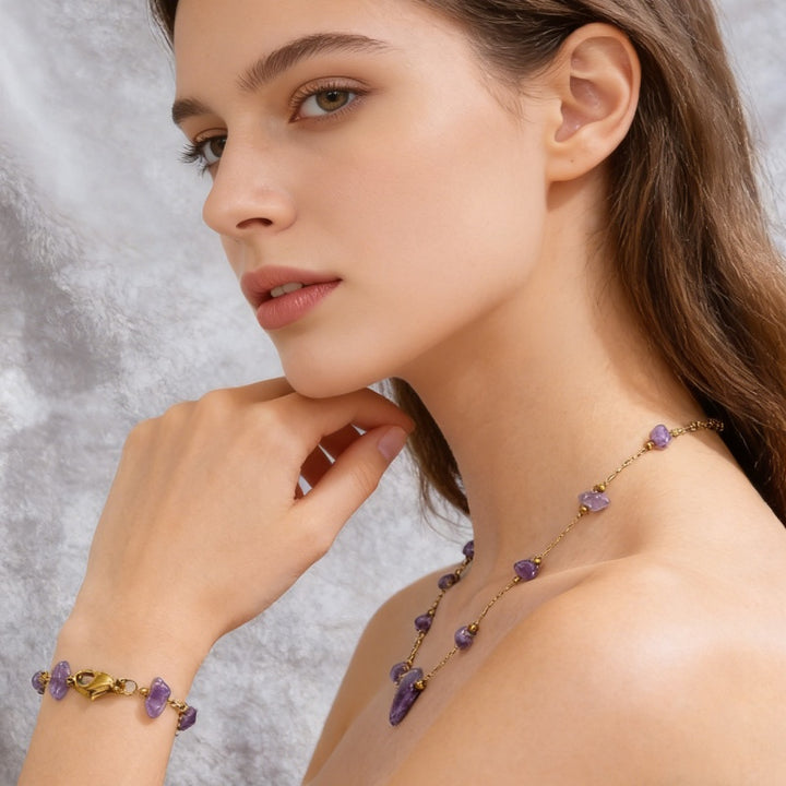 Raw Amethyst Jewelry Set Gold Chain