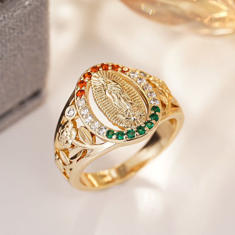 Virgin Mary Zircon Ring Floral Design