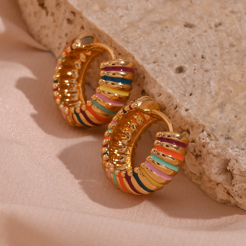 Rainbow Enamel Ribbed Hoop Earrings