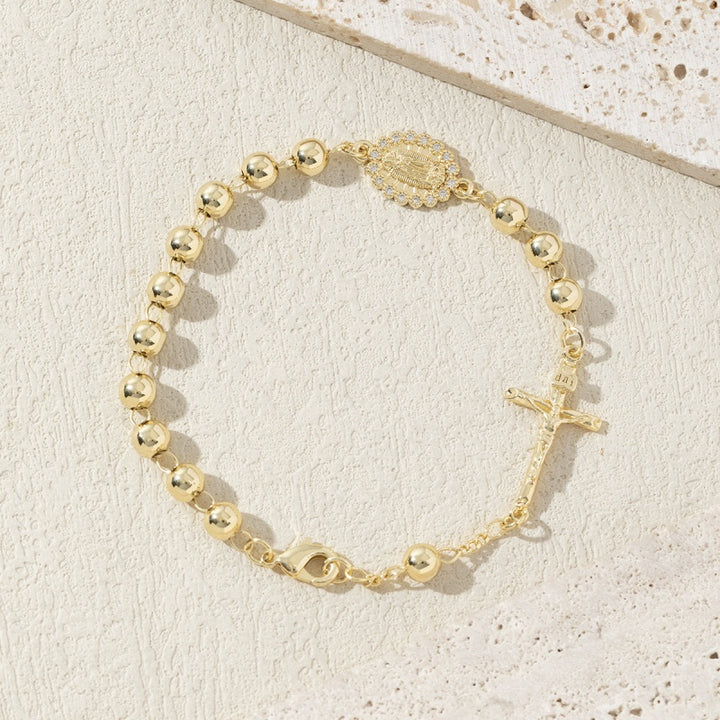 Gold Rosary Cross Bracelet CZ Detail