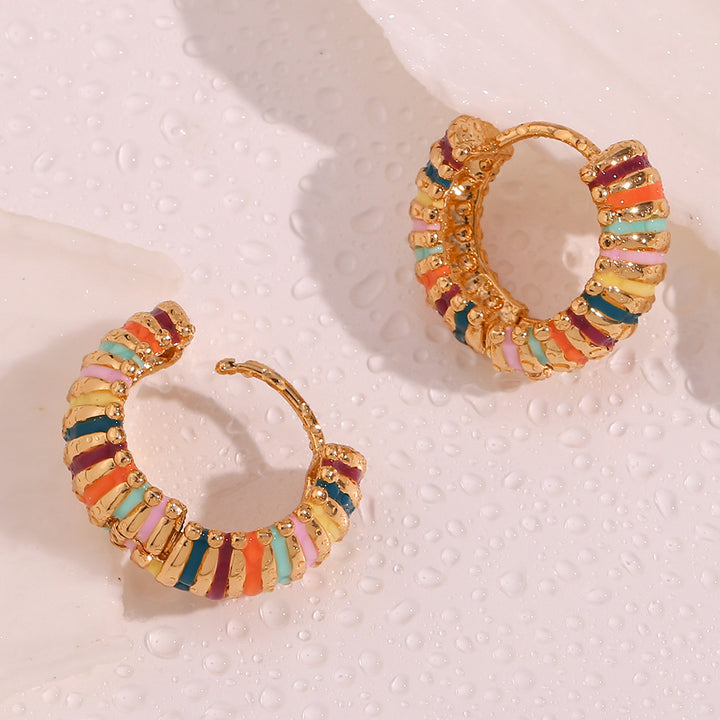 Rainbow Enamel Ribbed Hoop Earrings
