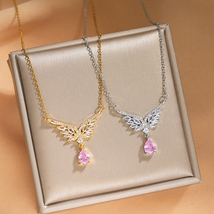 Wing Pendant Pink Zircon Clavicle Necklace
