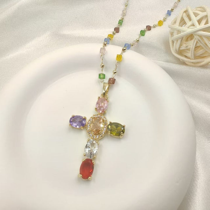 Multicolor Rosary Bead Cross Necklace