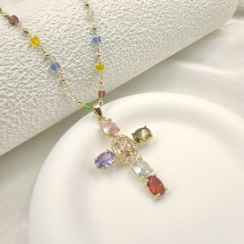 Multicolor Rosary Bead Cross Necklace