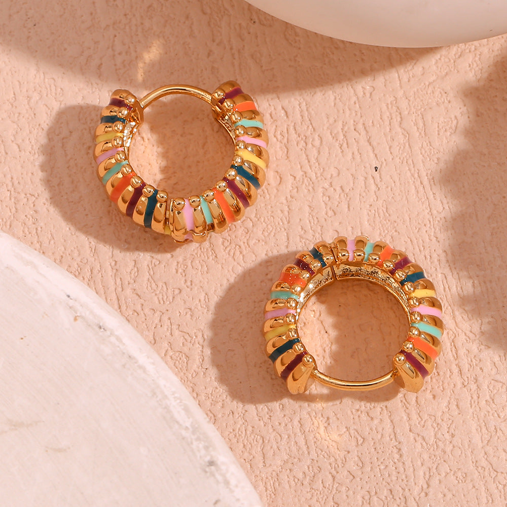 Rainbow Enamel Ribbed Hoop Earrings