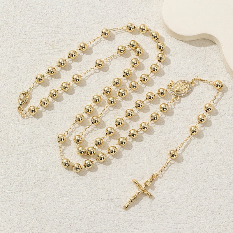 Gold Rosary Virgin Mary Cross Necklace