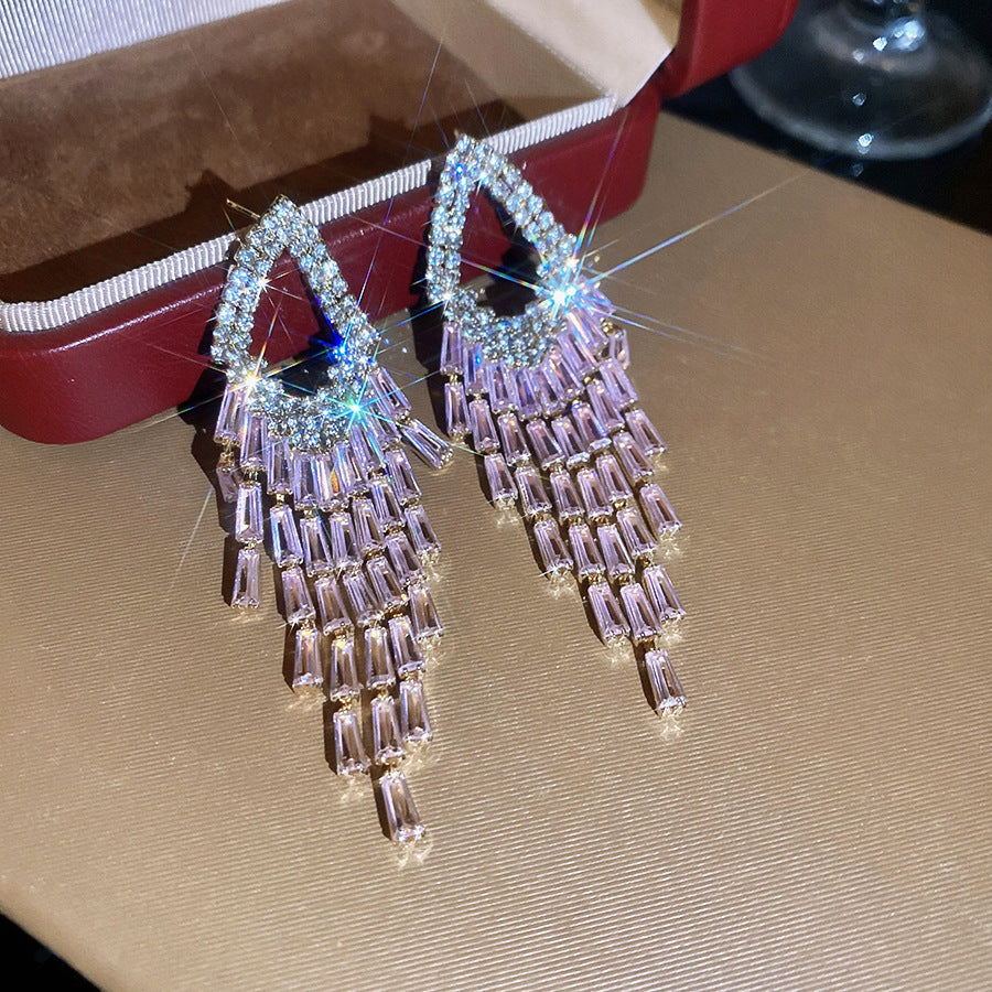 Rhombus Zircon Sparkle Tassel Earrings