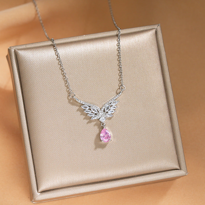 Wing Pendant Pink Zircon Clavicle Necklace