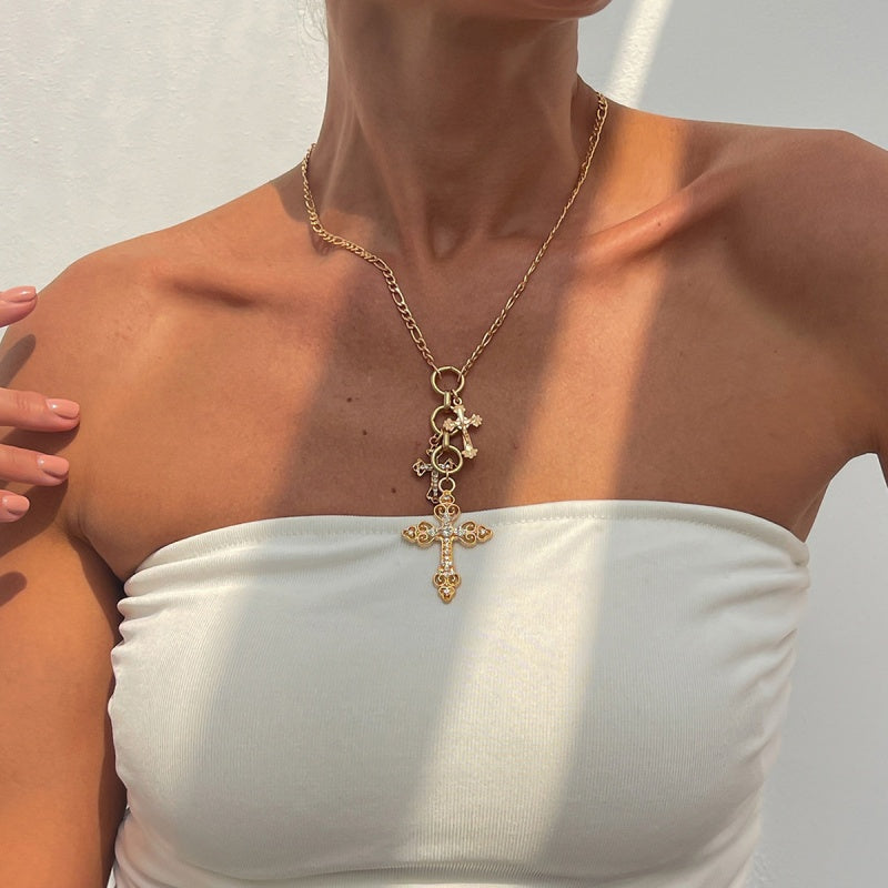 Vintage Multi Cross Gold Rhinestone Necklace