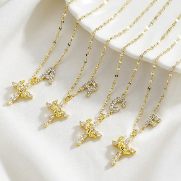 Crown Cross Initial Necklace for Women