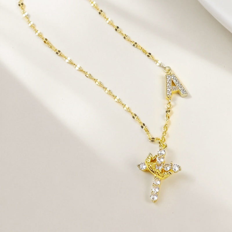 Crown Cross Initial Necklace for Women