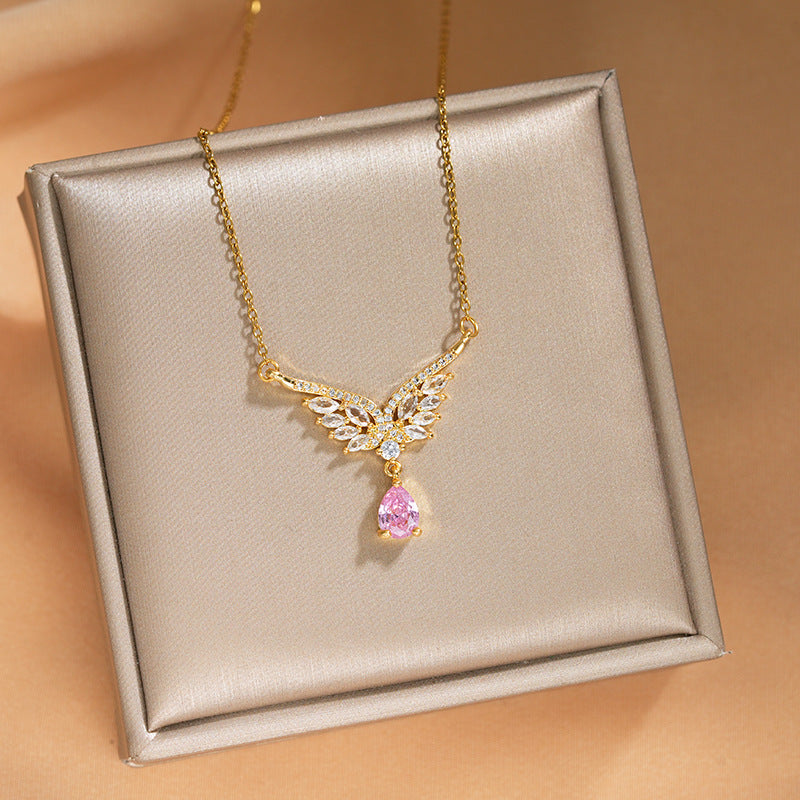 Wing Pendant Pink Zircon Clavicle Necklace