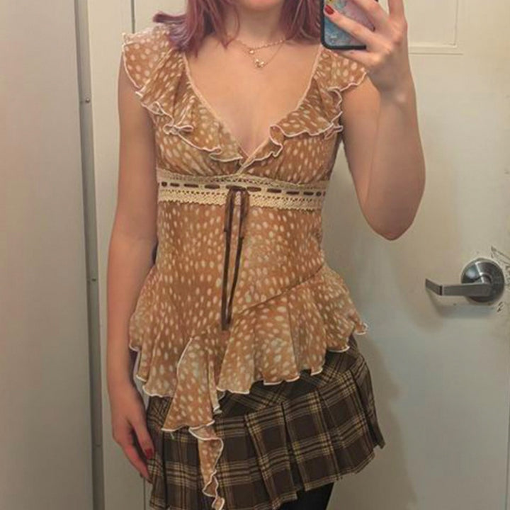 Plunging Ruffle Asymmetric Blouse