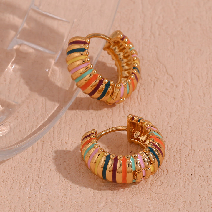 Rainbow Enamel Ribbed Hoop Earrings