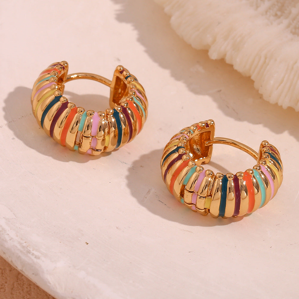 Rainbow Enamel Ribbed Hoop Earrings