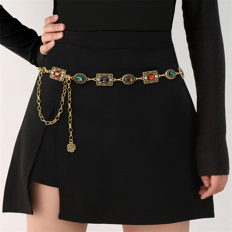 Multicolor Zircon Carved Metal Tassel Waist Chain Belt