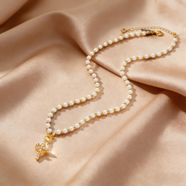 Gold Pearl Beaded Crown Cross Necklace