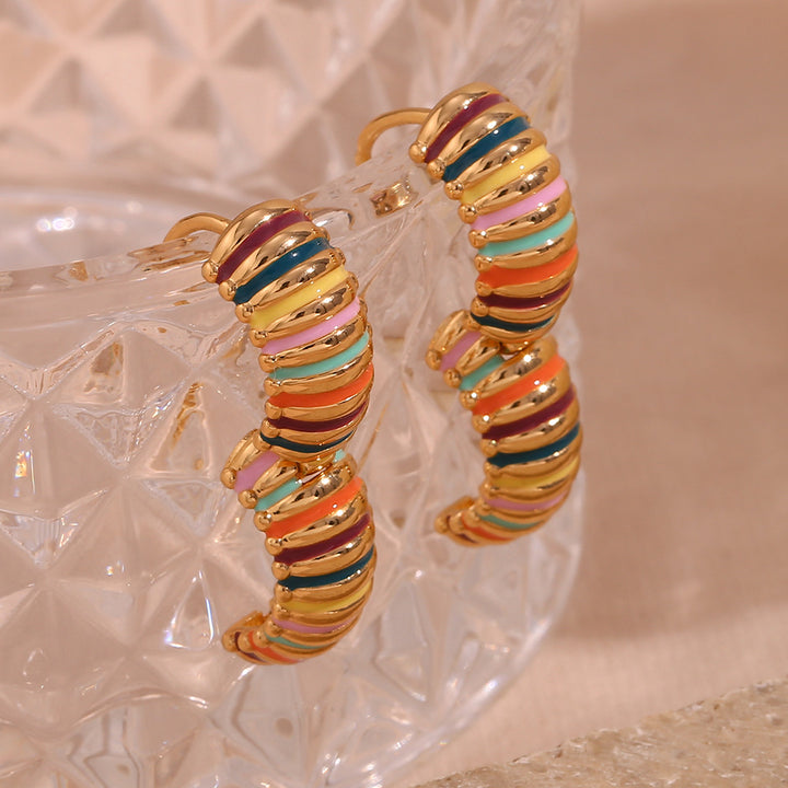 Rainbow Enamel Ribbed Hoop Earrings