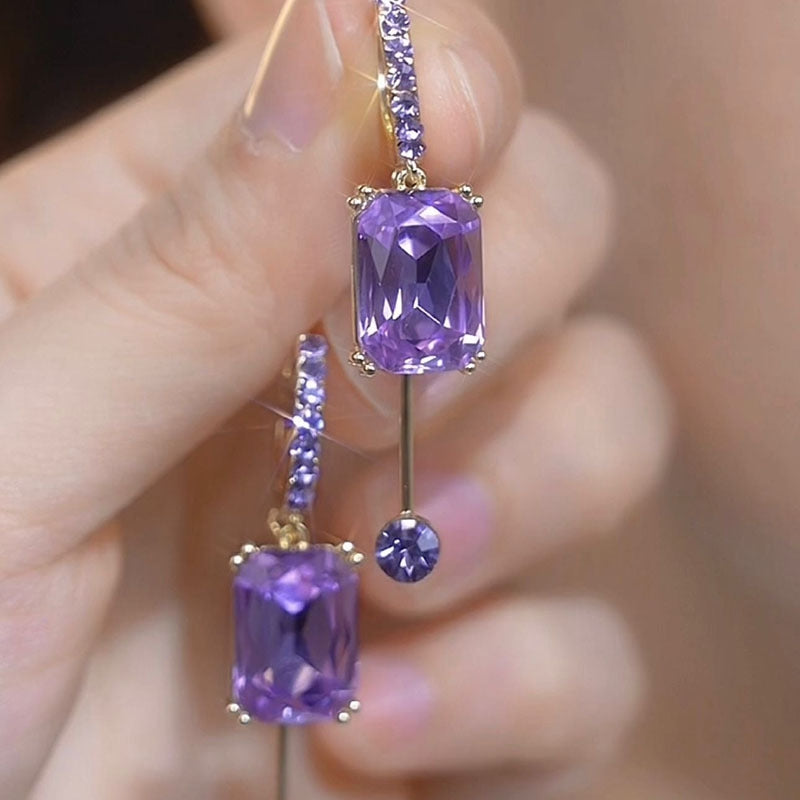 Navy Blue Rectangle Zircon Drop Hoop Earrings