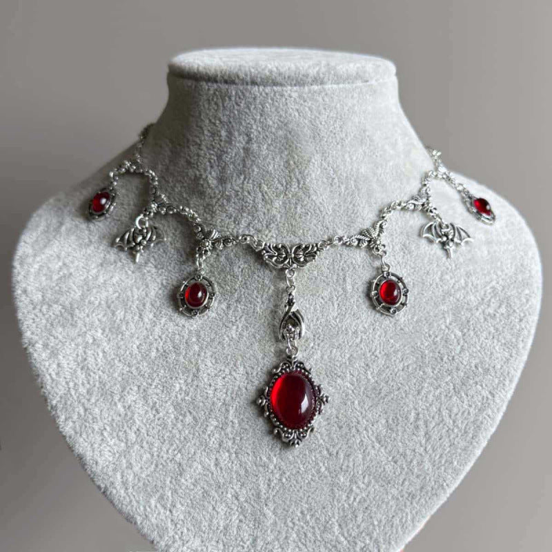 Gothic Ruby Bat Statement Necklace
