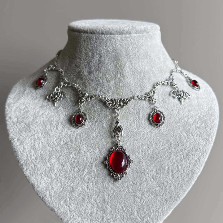 Gothic Ruby Bat Statement Necklace