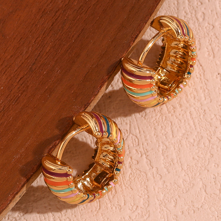 Rainbow Enamel Ribbed Hoop Earrings