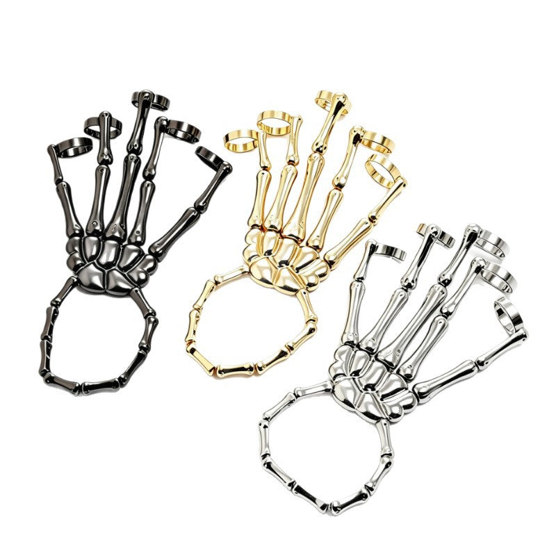 Unisex Skeleton Hand Chain Rings Set
