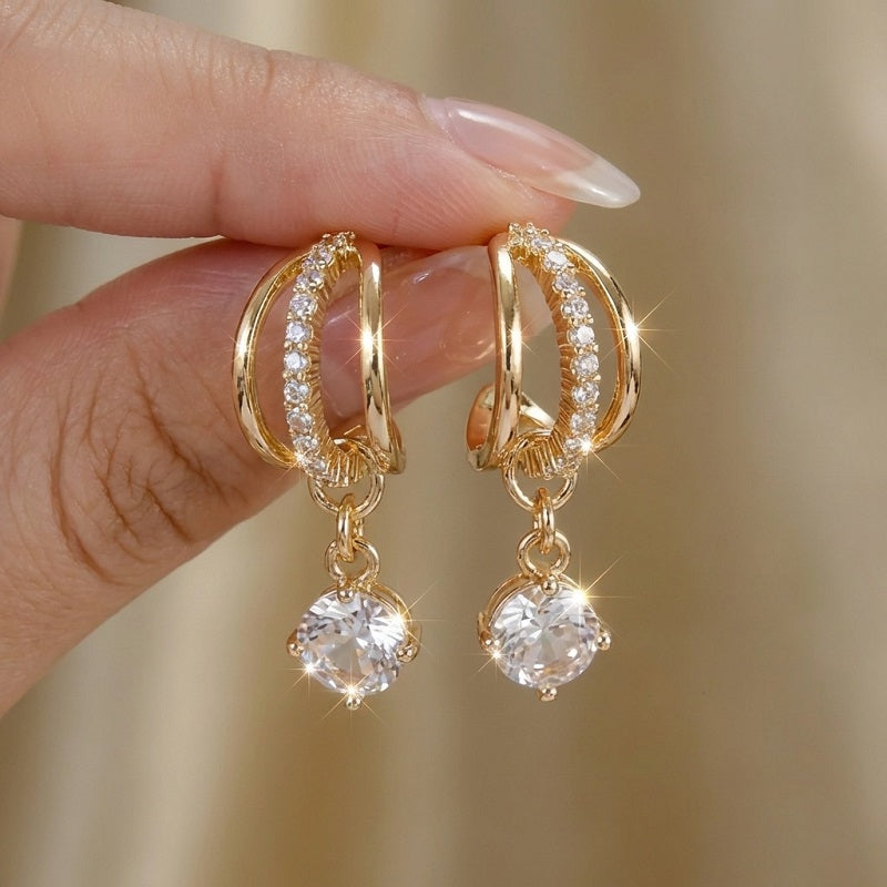 Three Layer Curved Hoop Zircon Drop Earrings