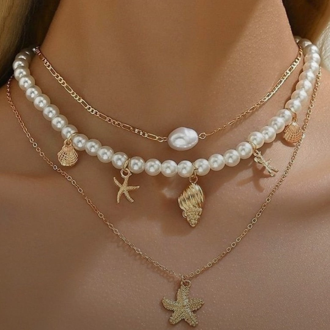 Layered Shell Starfish Pearl Necklace for Women