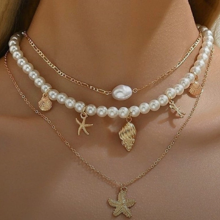 Layered Shell Starfish Pearl Necklace for Women