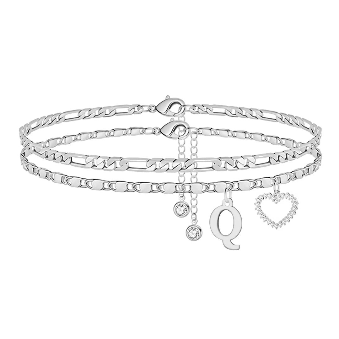Double Layer Initial Heart Zircon Ankle Bracelet