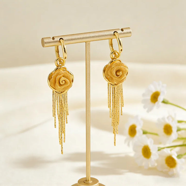 Rose Tassel Huggie Drop Earrings