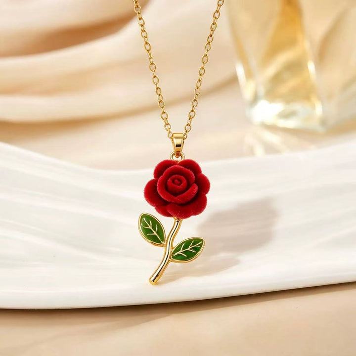 Flocked Rose Pendant Necklace