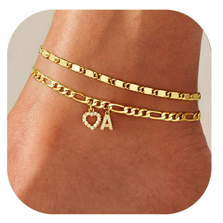 Layered Initial And Heart Zircon Adjustable Anklet Set