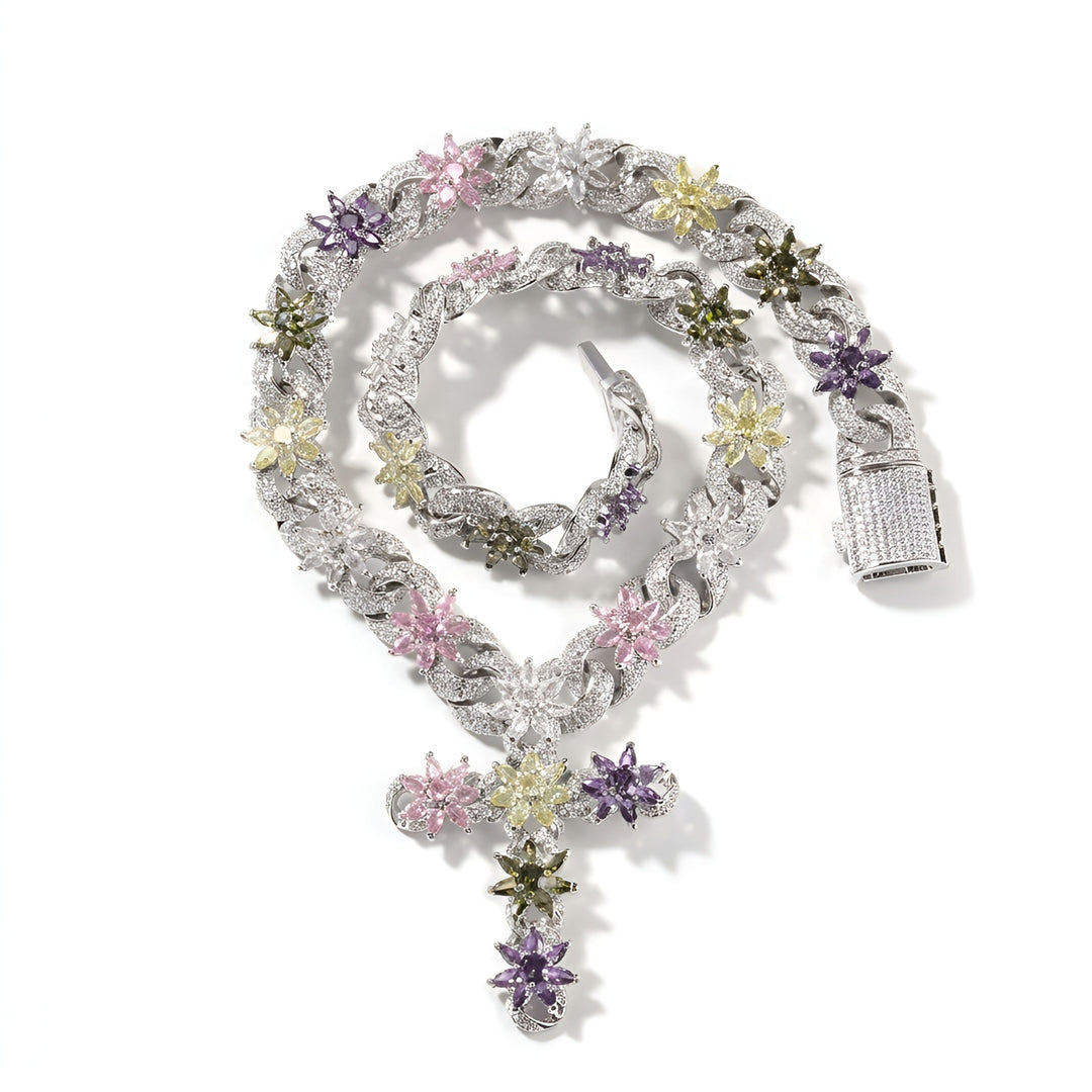 Colorful Zircon Floral Cross Necklace