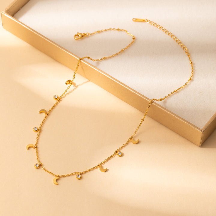 Titanium Steel Star and Moon Zirconia Necklace