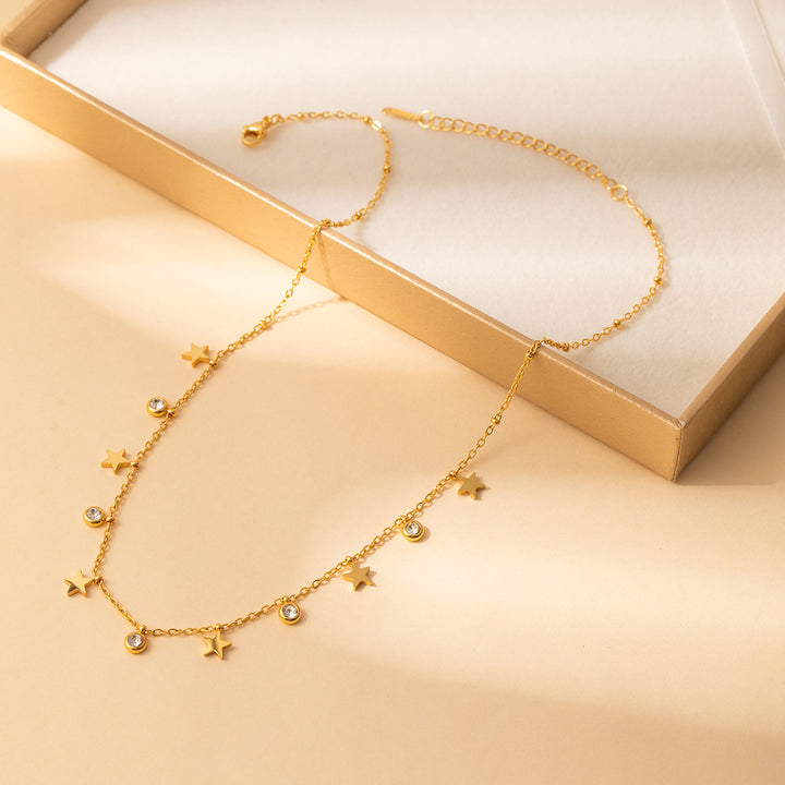 Titanium Steel Star and Moon Zirconia Necklace