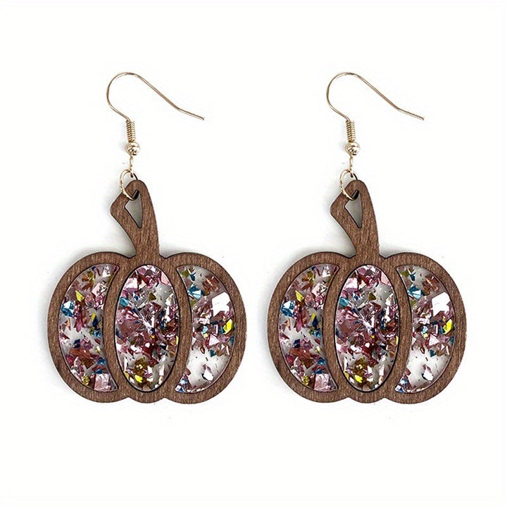 Halloween Wooden Glitter Pumpkin Earrings