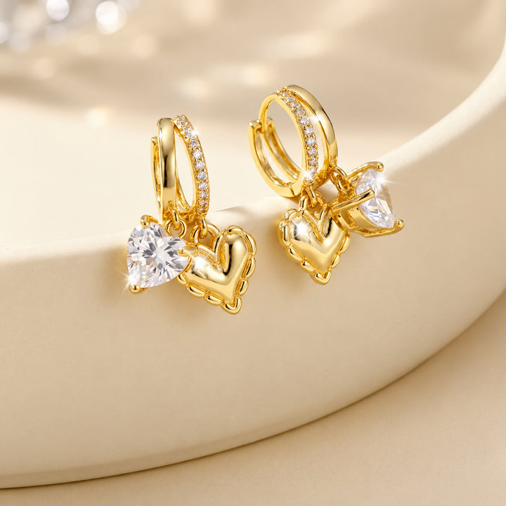 Double Heart Drop Huggie Earrings