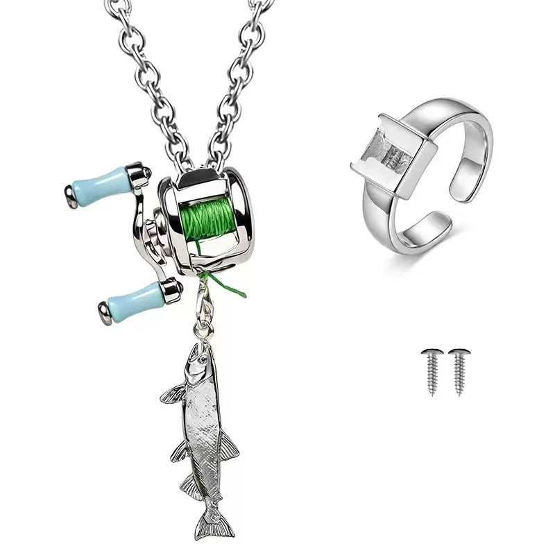 Mini Fishing Reel Jewelry Necklace Ring Set