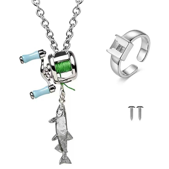 Mini Fishing Reel Jewelry Necklace Ring Set