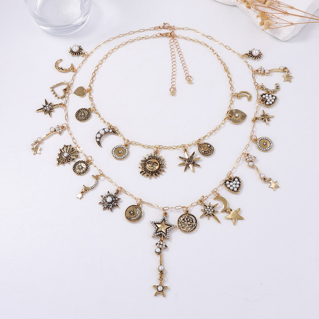 Sun Moon Star Pearl Pendant Necklace Set