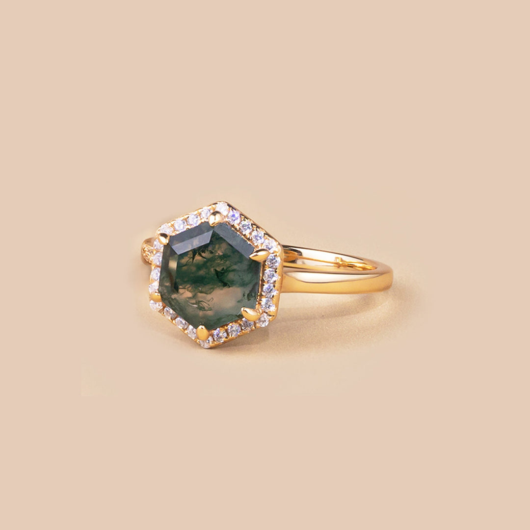 Uniquely shaped moss agate ring