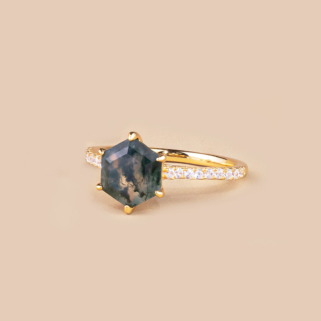 Uniquely shaped moss agate ring