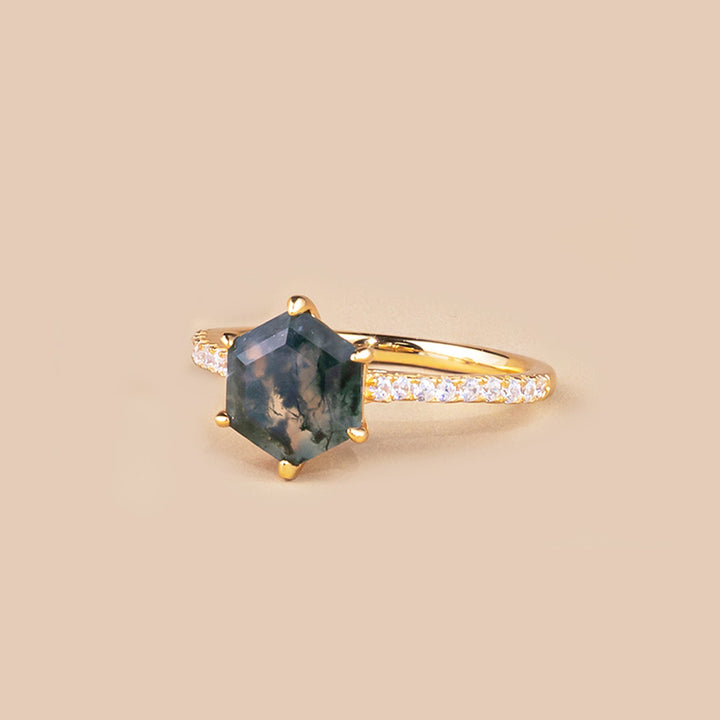 Uniquely shaped moss agate ring