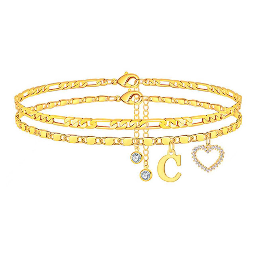 Double Layer Initial Heart Zircon Ankle Bracelet