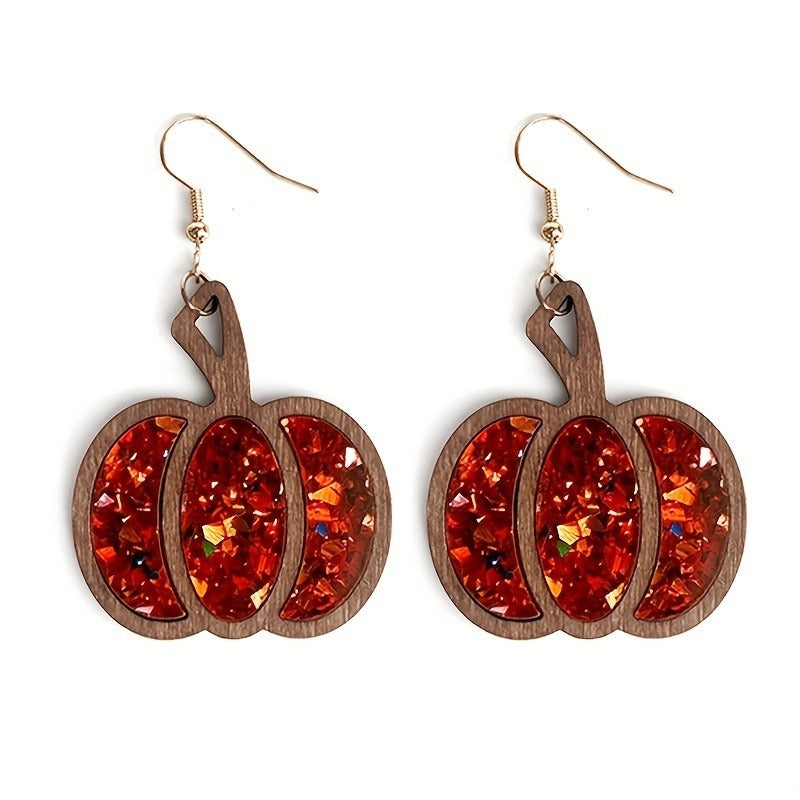 Halloween Wooden Glitter Pumpkin Earrings