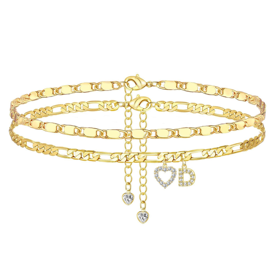 Layered Initial And Heart Zircon Adjustable Anklet Set
